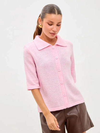 Vera Cardigan by Lauven - Lightweight pink wool blend knitwear with button closure and classic collar.