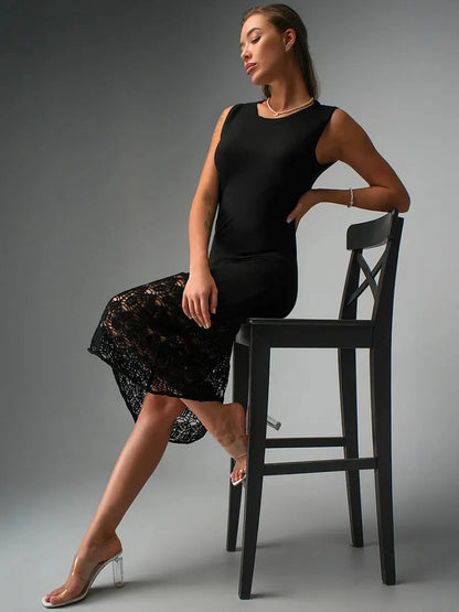 Velora Midi Dress by Lauven, black knit with elegant crochet detailing, showcasing a chic, form-fitting silhouette.