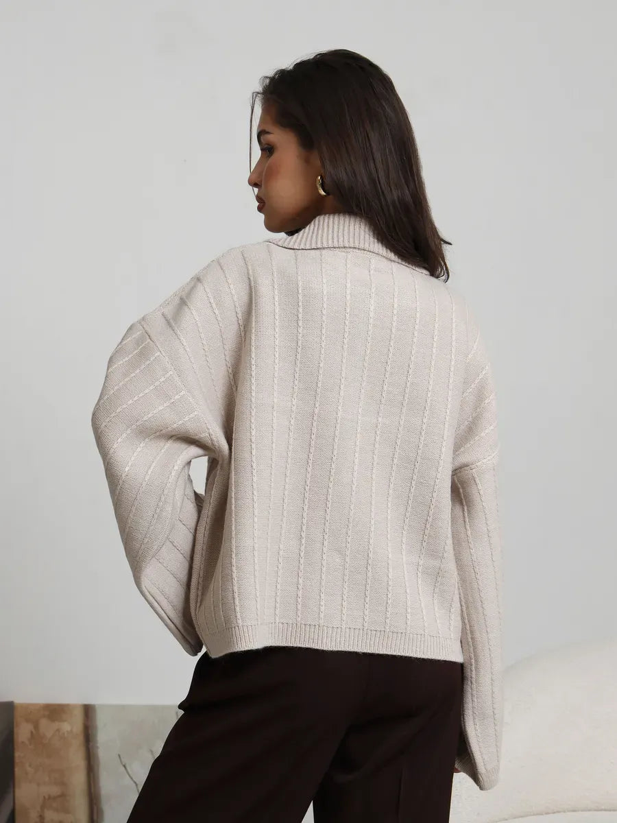 Dune Cardigan by Lauven - Soft light beige oversized knitwear with braided pattern and wide bell sleeves.