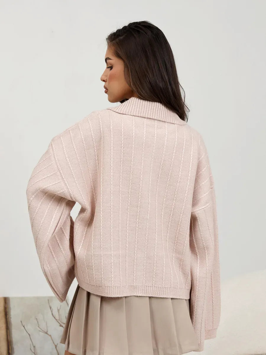 Serene Cardigan by Lauven — Elegant oversized powder pink knitwear with braided detail in a stylish design.