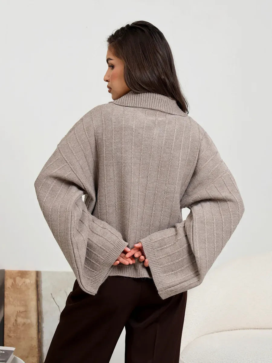 Mocha Cardigan by Lauven, cropped oversized knitwear with braided pattern and wide bell sleeves.