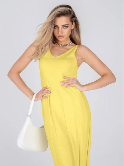 Solara Maxi Dress by Lauven - Bright yellow ribbed knit dress showcasing summer elegance.