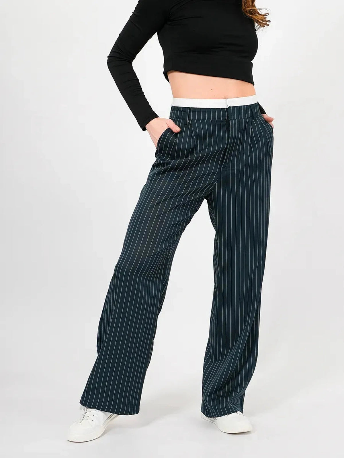 Siri Pants by Lauven: high-waist wide-leg trousers in deep green with pinstripes, perfect for stylish comfort.