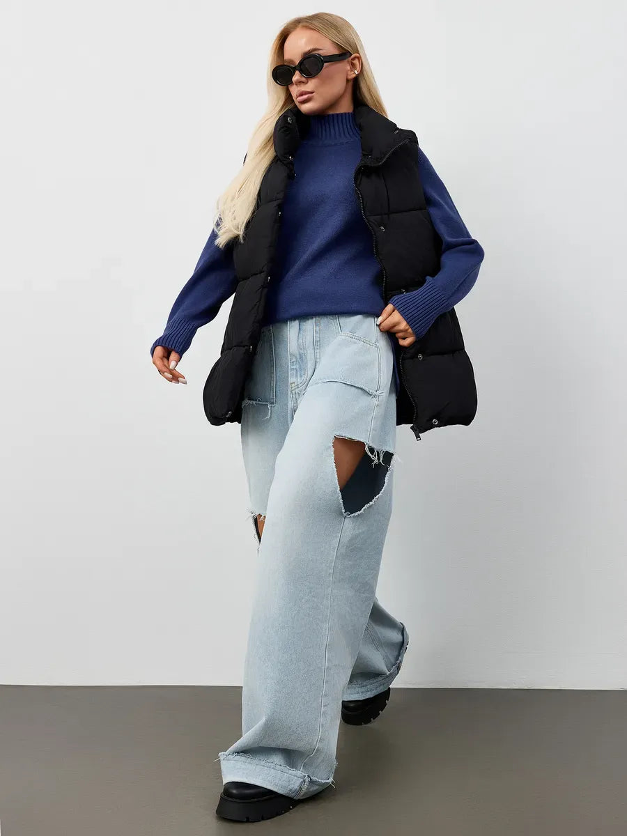 Indigo Sweater by Lauven - Oversized navy blue cashmere knitwear with high neck, styled with trendy baggy jeans.