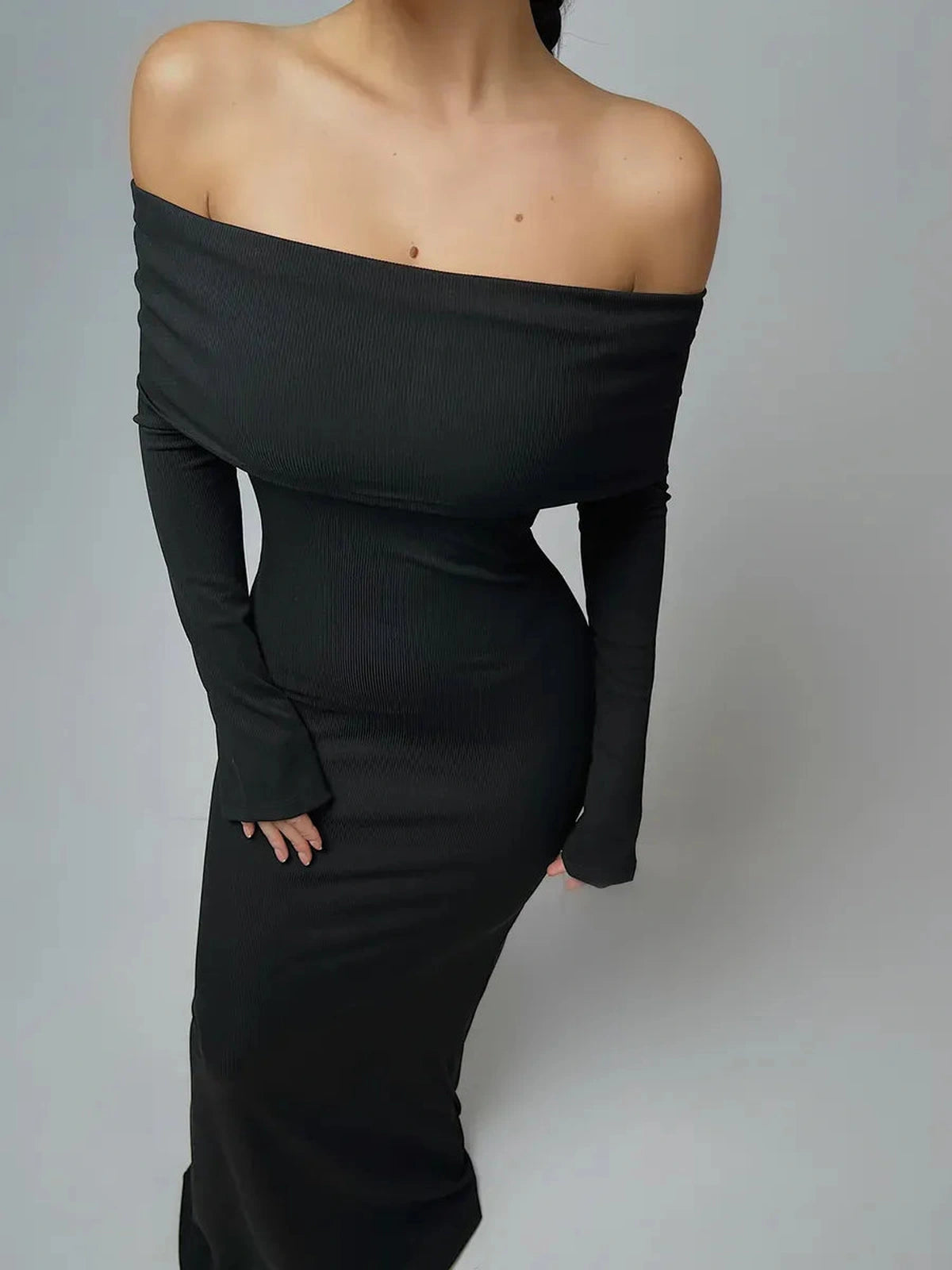 Noctara Maxi Dress by Lauven - Off-Shoulder Silhouette in Deep Black, Sculpting Fit with Luxurious Ribbed Texture.
