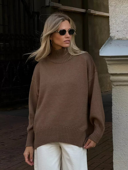 Maple Sweater by Lauven - Oversized women's wool knit in cocoa brown with high turtleneck, perfect for cooler months.