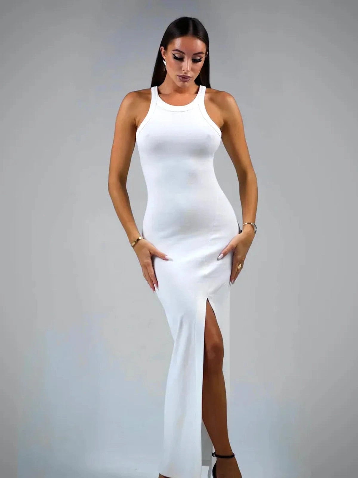 Vega Maxi Dress by Lauven featuring a sleek ribbed silhouette and side slit, perfect for elegant day-to-night styling.