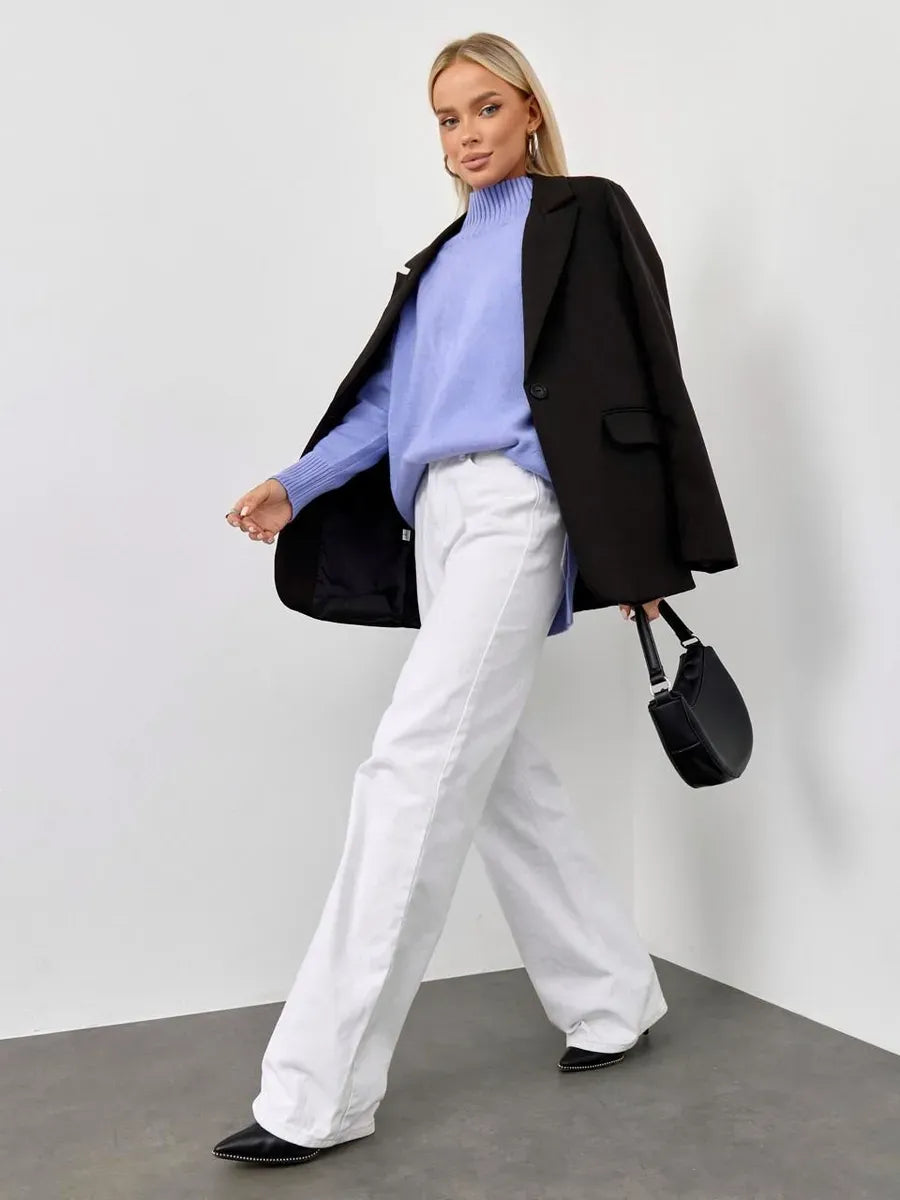 Lilac Sweater by Lauven, oversized lavender cashmere knitwear styled with chic black blazer and white pants.