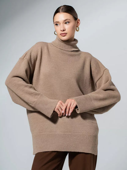 Lauven Capri Sweater oversized knit with turtleneck collar in cappuccino color