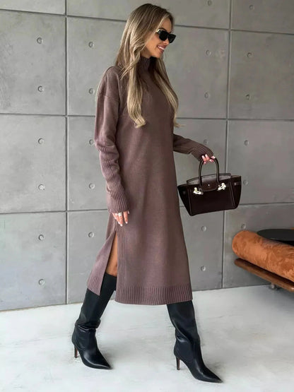 Noirra Midi Dress by Lauven, featuring a cocoa brown knit, high-neck collar, and side slit for modern elegance.