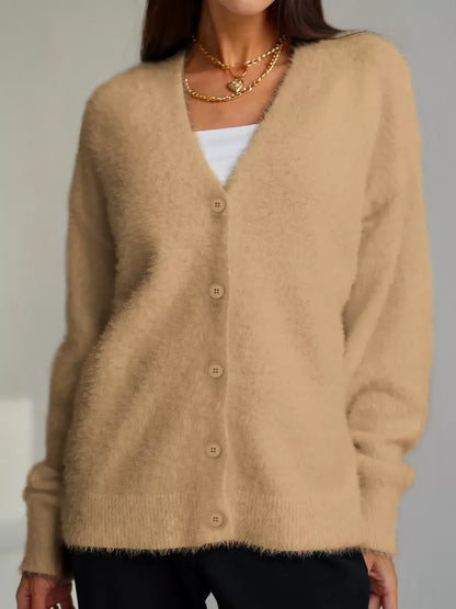 Camelia Cardigan by Lauven, plush camel oversized knitwear with button closure for elegance and comfort.