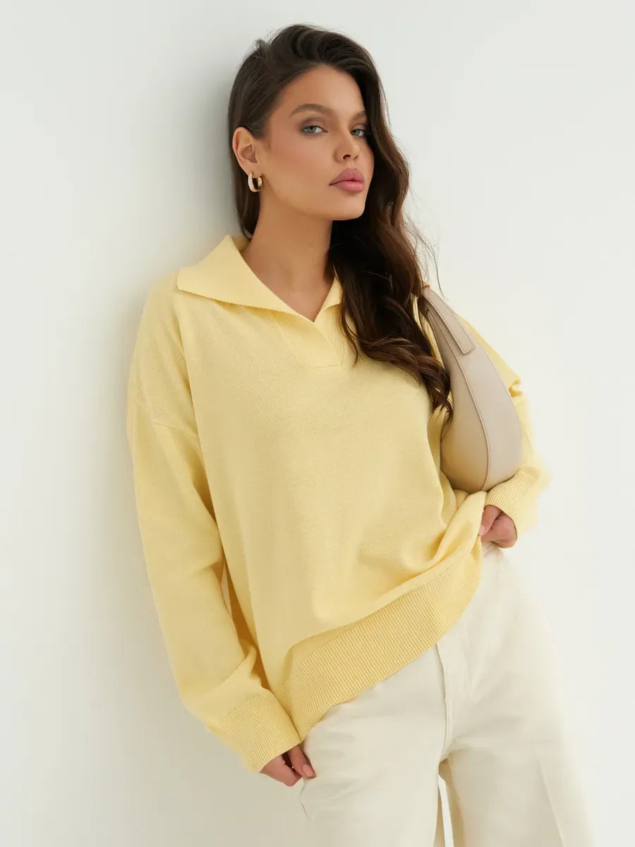 Lemon Glow Sweater by Lauven - Oversized light yellow knit with subtle print, perfect for spring fashion.