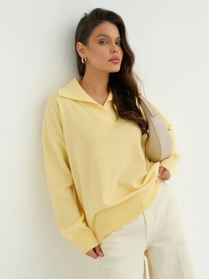 Lemon Glow Sweater by Lauven - Oversized light yellow knit with subtle print, perfect for spring fashion.