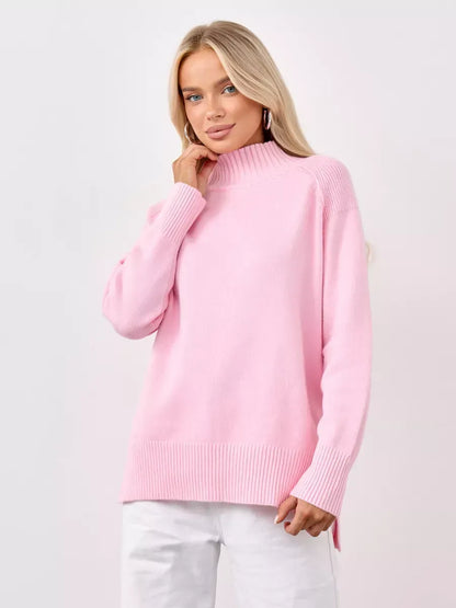 Rosette Sweater by Lauven, oversized pink cashmere knitwear with high neck design.