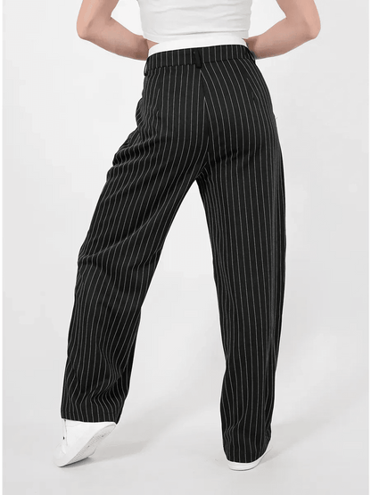 Orion Pinstripe Pants by Lauven showcasing wide-leg silhouette and elegant pinstripes from the back view.