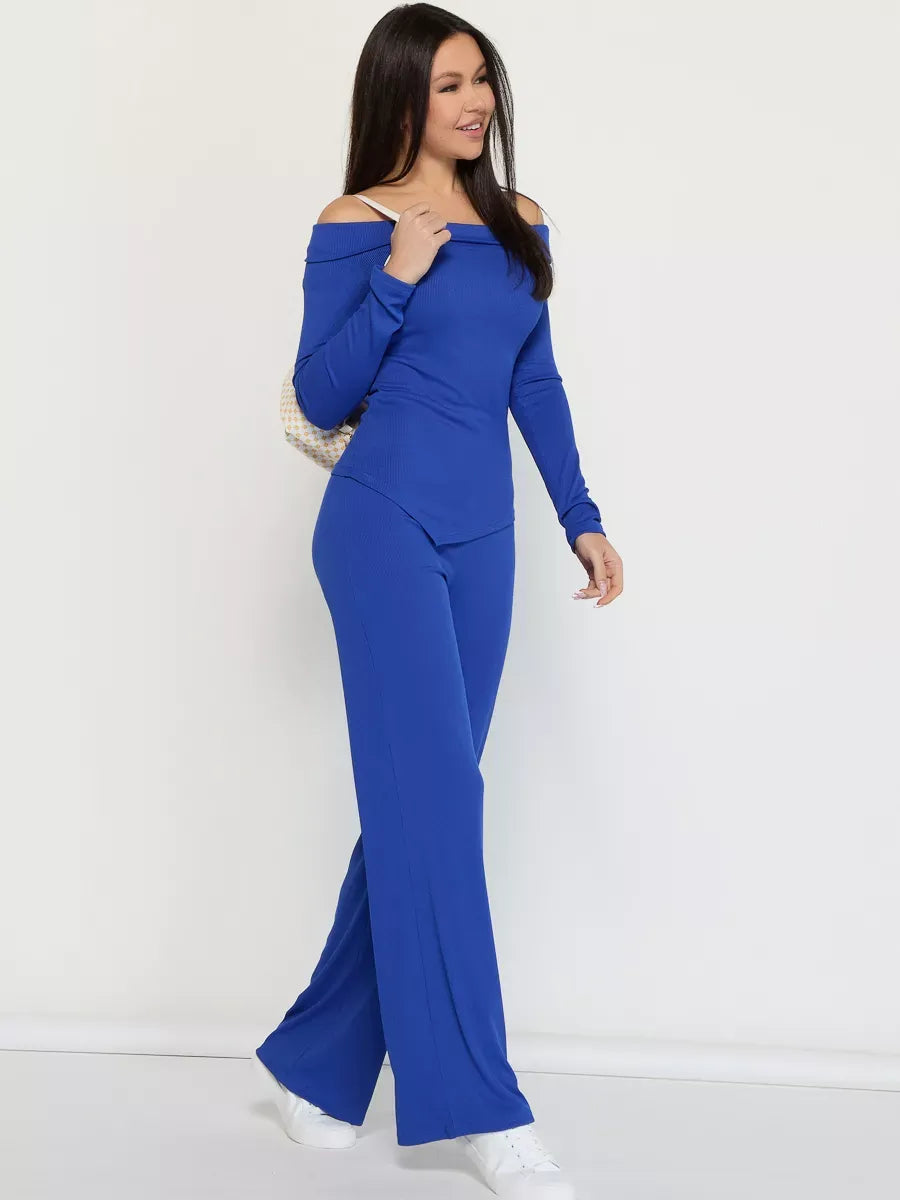 Azure Two-Piece Set - Off-Shoulder Ribbed Women’s Suit by Lauven, showcasing modern sophistication and comfort.