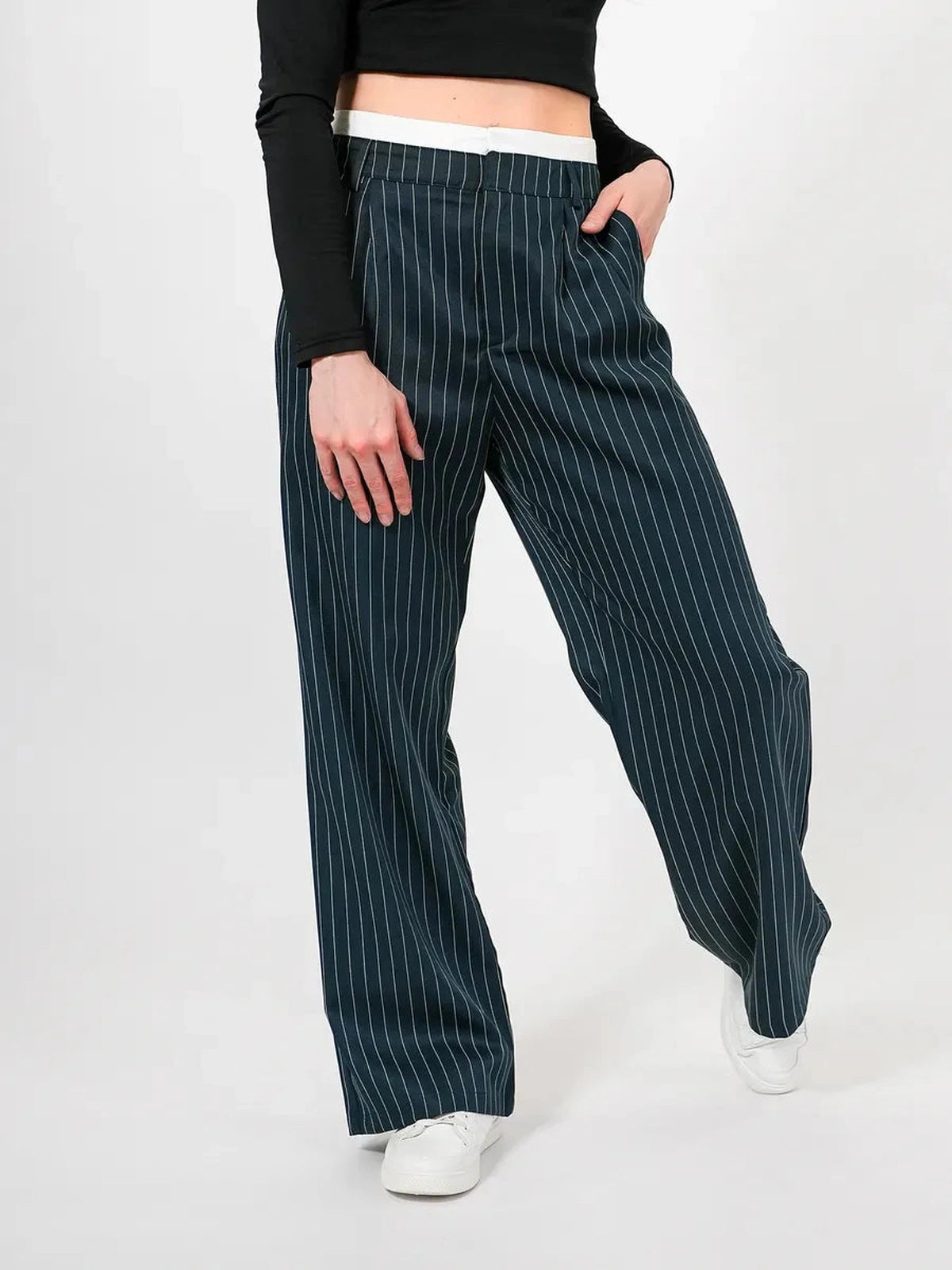 Siri Pants by Lauven, high-waist wide-leg trousers in deep green with pinstripes, perfect for stylish comfort.