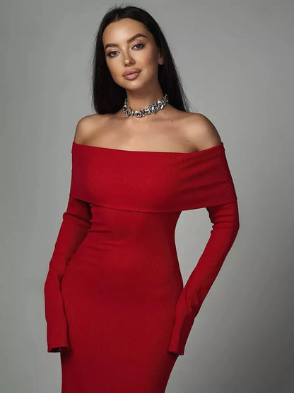 Valoria Maxi Dress by Lauven worn by a model, showcasing off-shoulder design in radiant red.