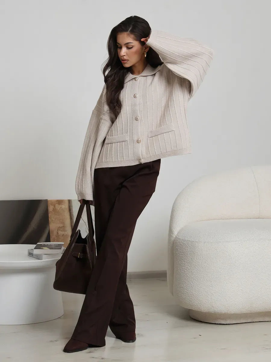 Dune Cardigan by Lauven - Soft light beige oversized knitwear with braided pattern and wide bell sleeves.