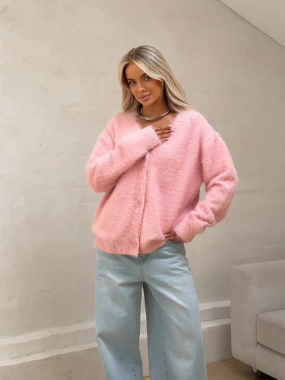 Flora Cardigan by Lauven, oversized pink fluffy knit with button closure, perfect for modern women.