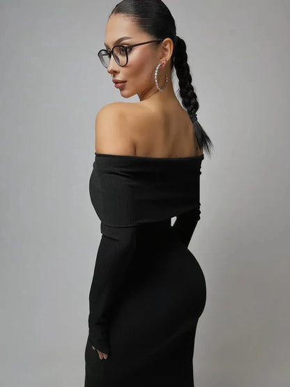 Noctara Maxi Dress by Lauven features an off-shoulder design and sculpting silhouette in elegant deep black.