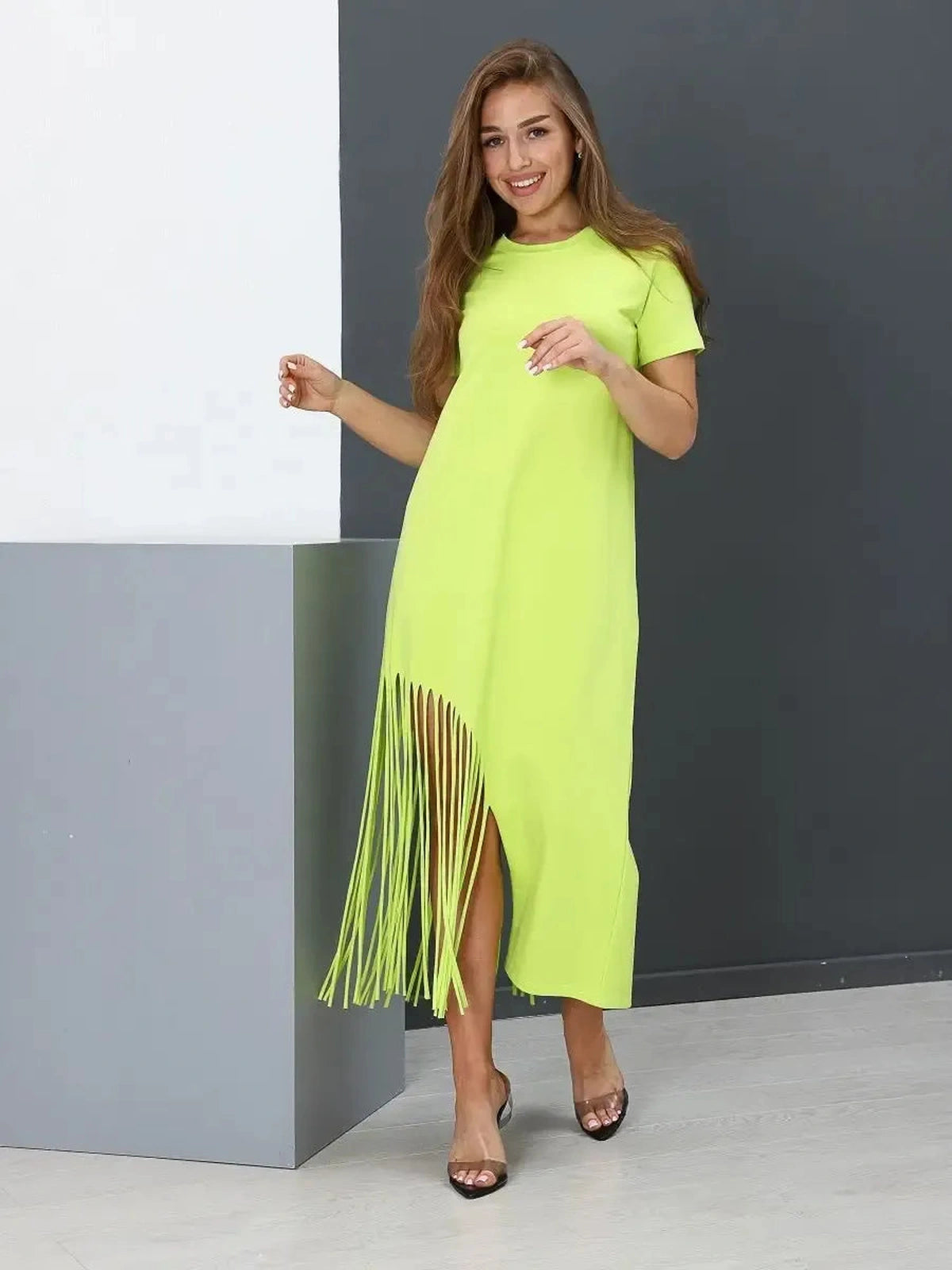 Luma Midi Dress by Lauven, lime cotton dress with fringe hem, relaxed fit, perfect for casual sophistication.