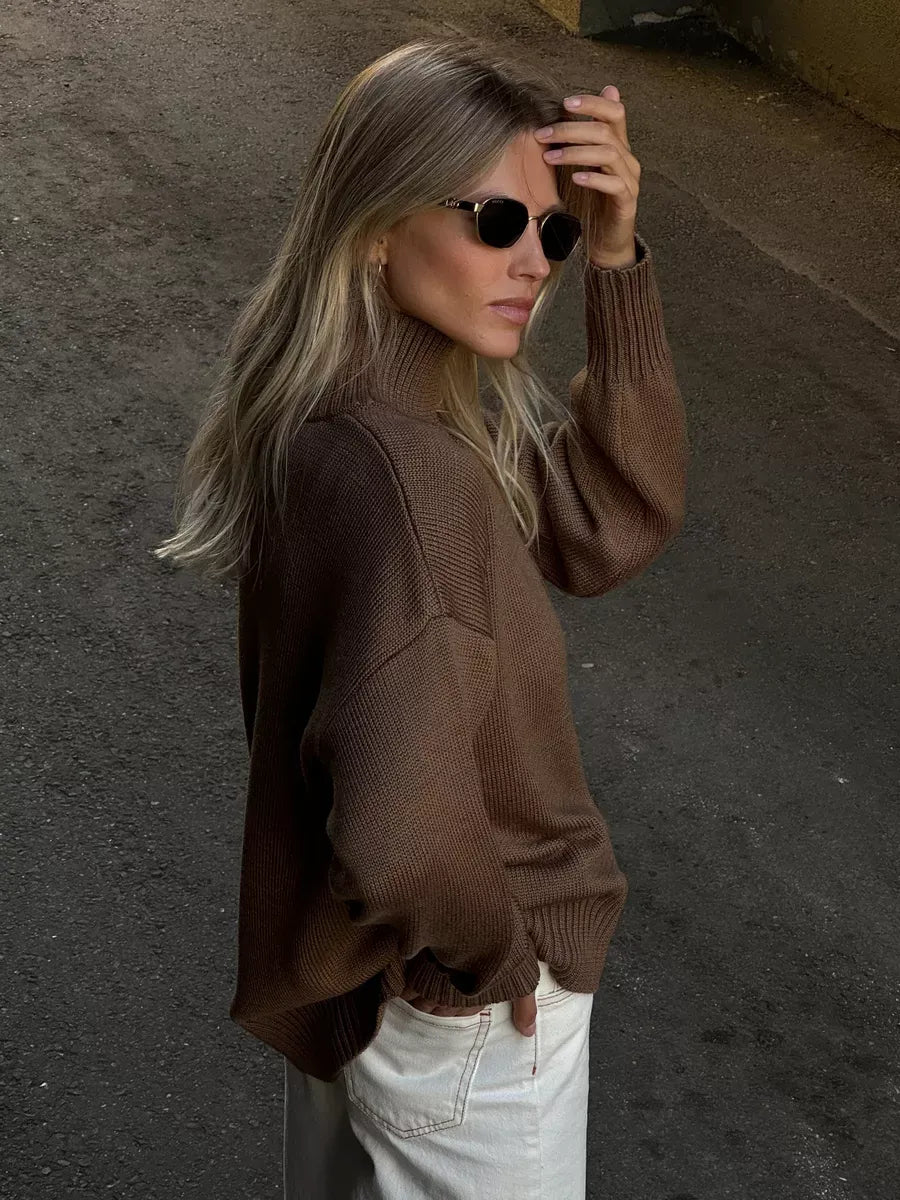 Maple Sweater by Lauven - Oversized women's wool knit in cocoa brown with high turtleneck, perfect for cooler months.