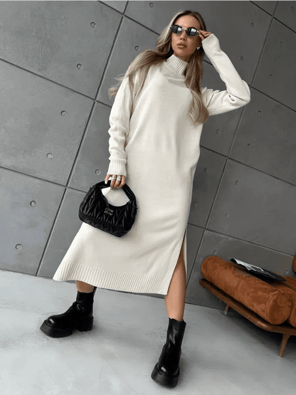 Celeste Midi Dress by Lauven, featuring an elegant beige knit design and relaxed silhouette, perfect for stylish comfort.