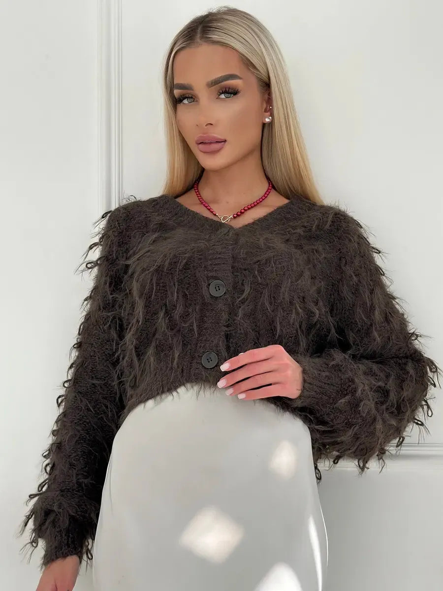 Espresso Cardigan by Lauven featuring cropped oversized brown bouclé knit with feathered fringe.