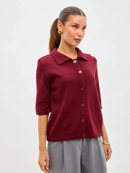 Mira Cardigan by Lauven - Lightweight burgundy wool blend cardigan with button closure, styled for relaxed autumn looks.