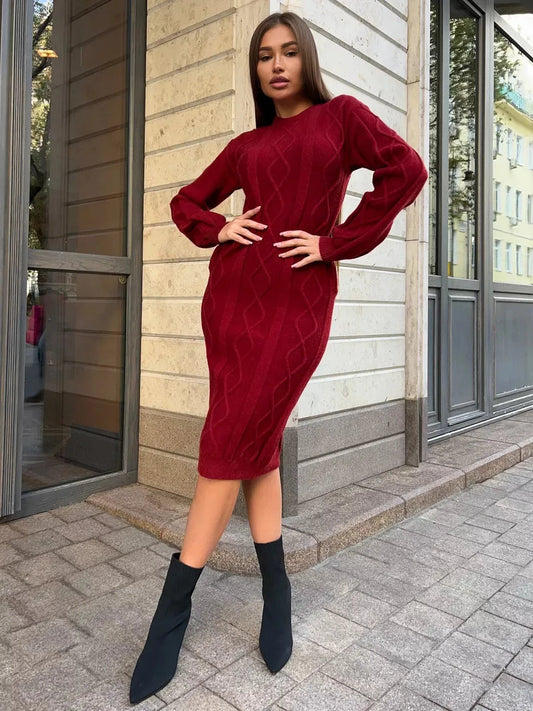 Crimson Midi Dress from Lauven, showcasing a model in a textured burgundy knit dress with stylish black boots.