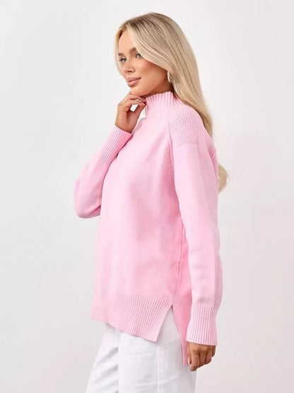 Rosette Sweater by Lauven - Oversized pink cashmere knitwear with high neck design for women.