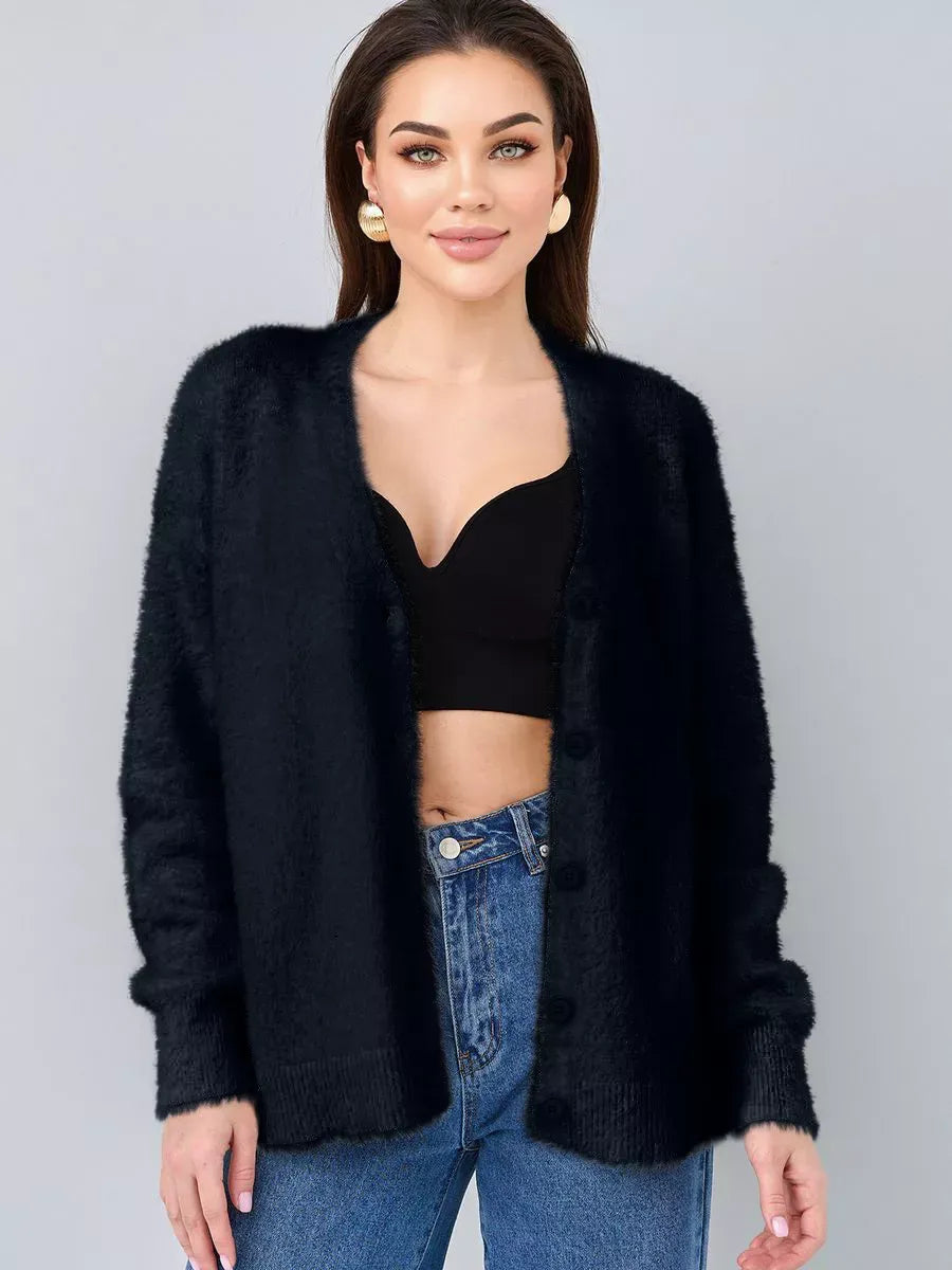 Obsidian Cardigan by Lauven, plush black oversized knitwear with button closure and relaxed fit.