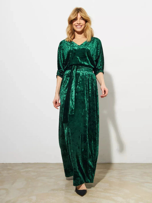 Emerelle Maxi Dress by Lauven, a stunning emerald green A-line gown in plush crushed velvet.