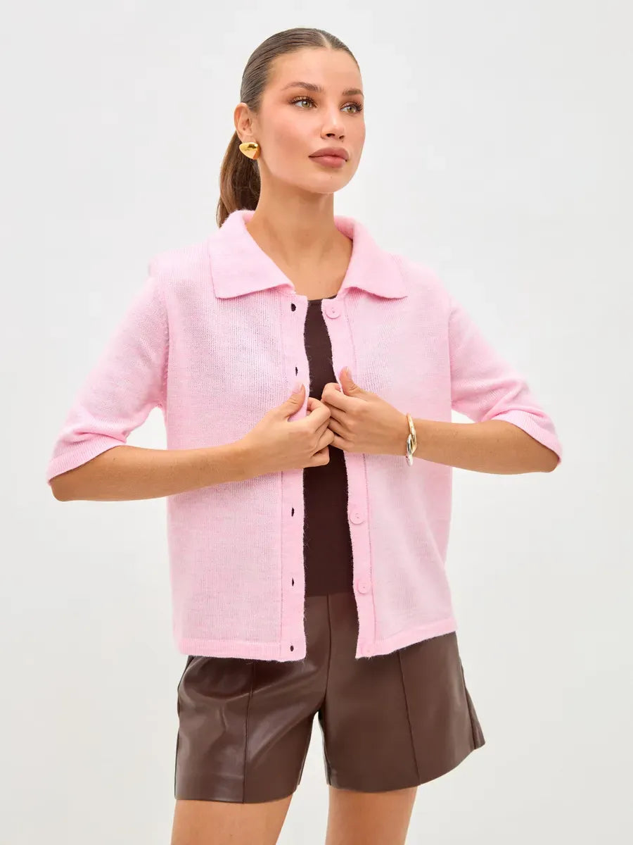 Vera Cardigan by Lauven - Lightweight pink wool blend knitwear with button closure and relaxed fit.