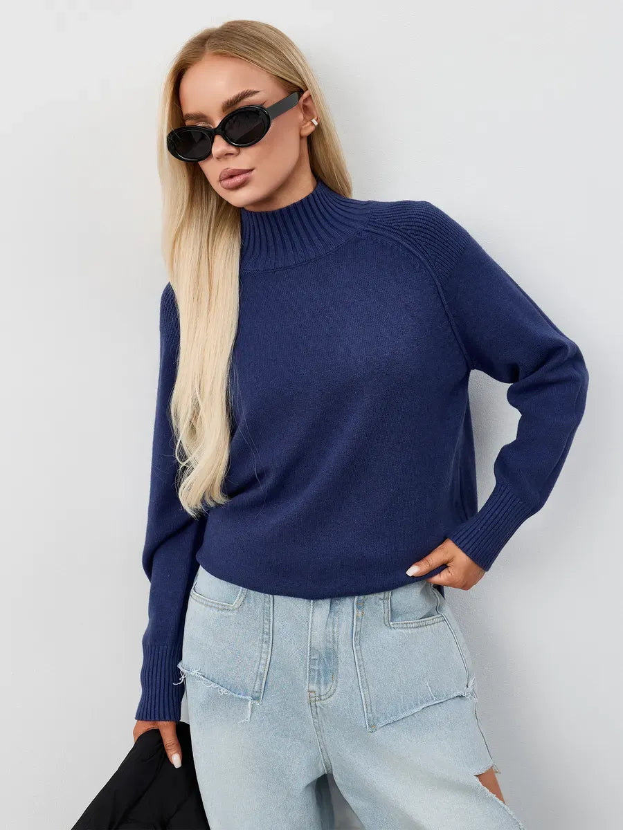 Indigo Sweater by Lauven - Oversized navy blue cashmere knitwear with high neck and stylish modern silhouette.