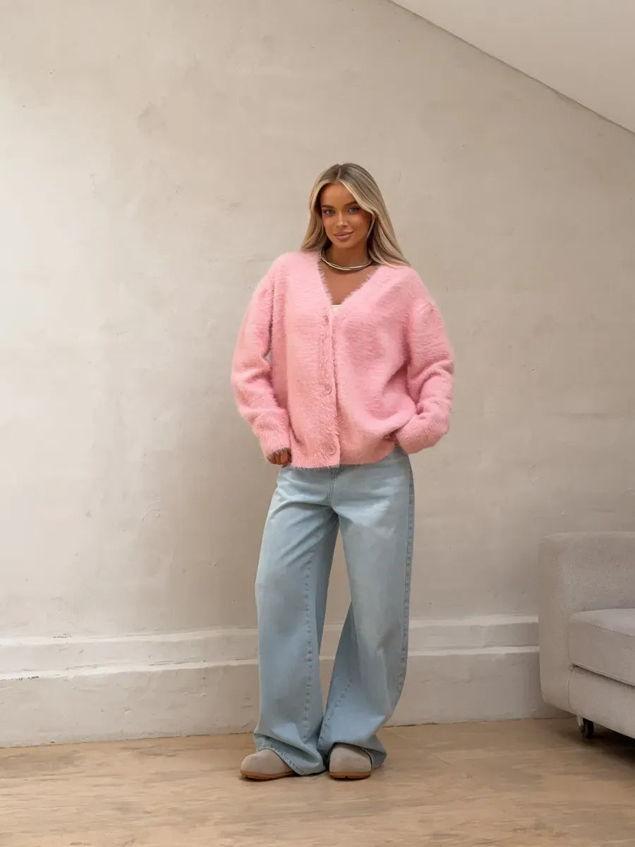 Flora Cardigan by Lauven, oversized pink fluffy knit with button closure, perfect for a stylish and cozy look.