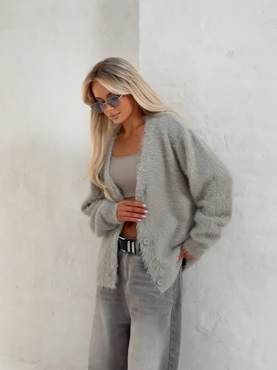 Eira Cardigan by Lauven, oversized light gray fluffy knit with button closure, styled with casual wear.