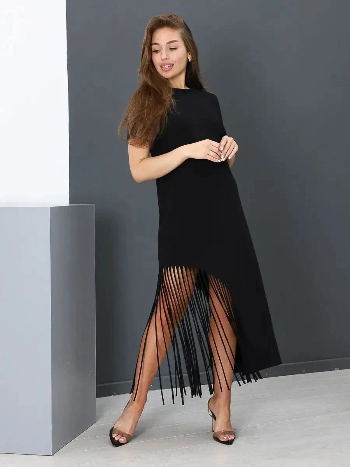 Noir Midi Dress by Lauven - chic black cotton dress with fringe hem, perfect for casual elegance.