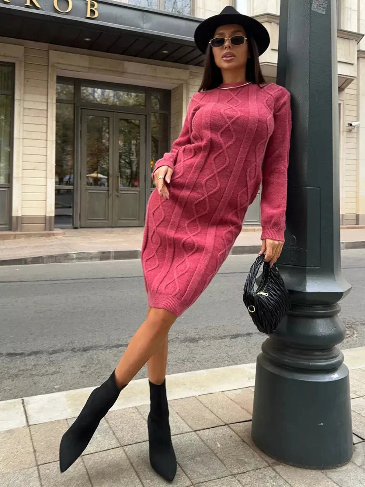 Berry Midi Dress by Lauven - Elegant textured knit in rich berry color, perfect for day or evening style.