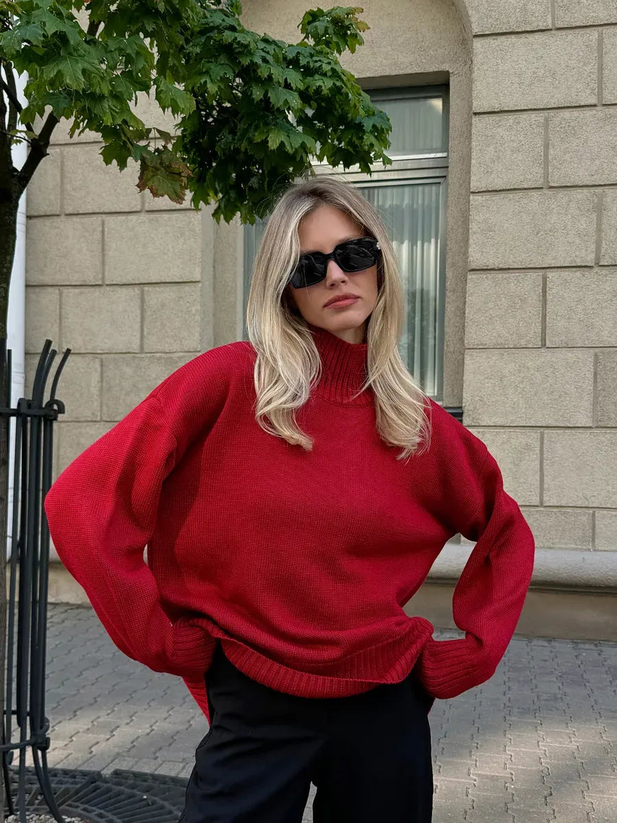 Sienna Sweater by Lauven, oversized women's knit turtleneck in deep red, perfect for modern everyday wear.