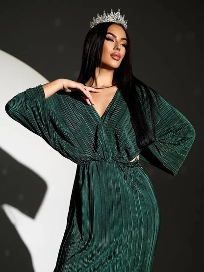 Astra Midi Dress by Lauven in emerald pleated fabric featuring a V-neckline and kimono sleeves.