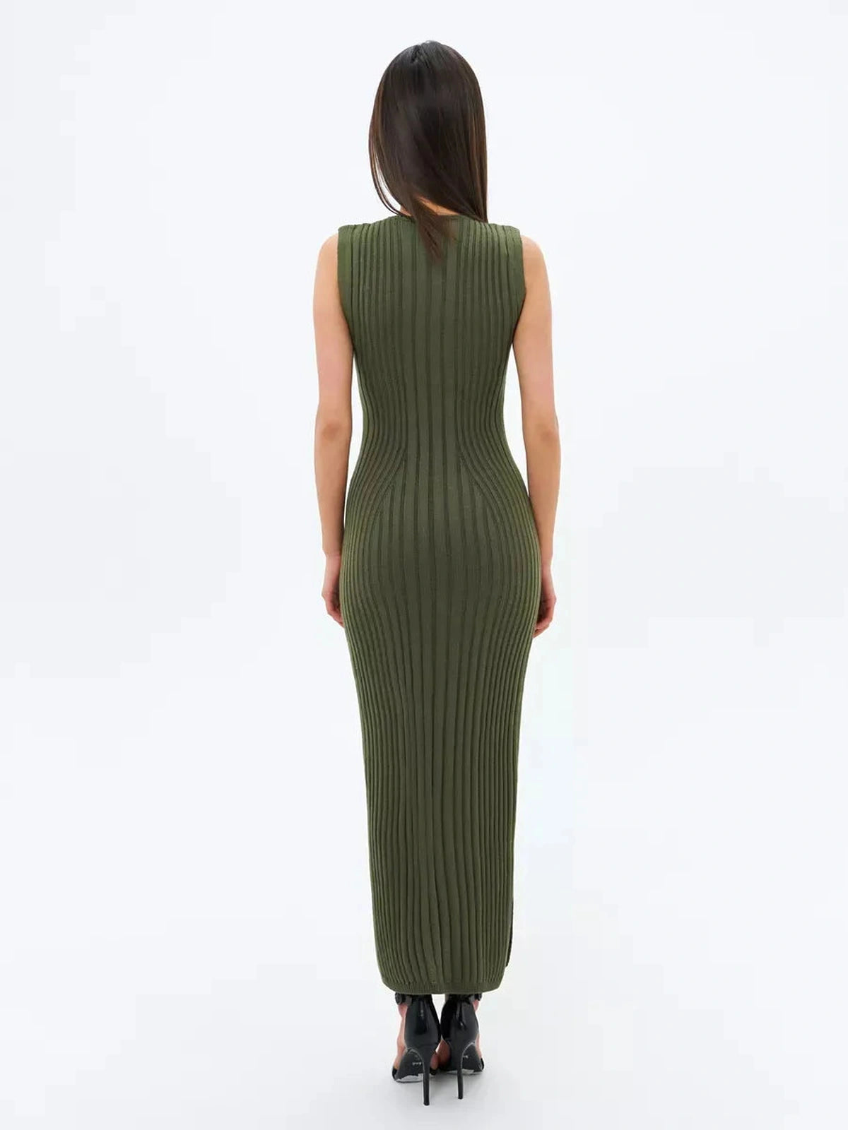 Olivea Midi Dress from Lauven, showcasing ribbed knit elegance in khaki green from the back.