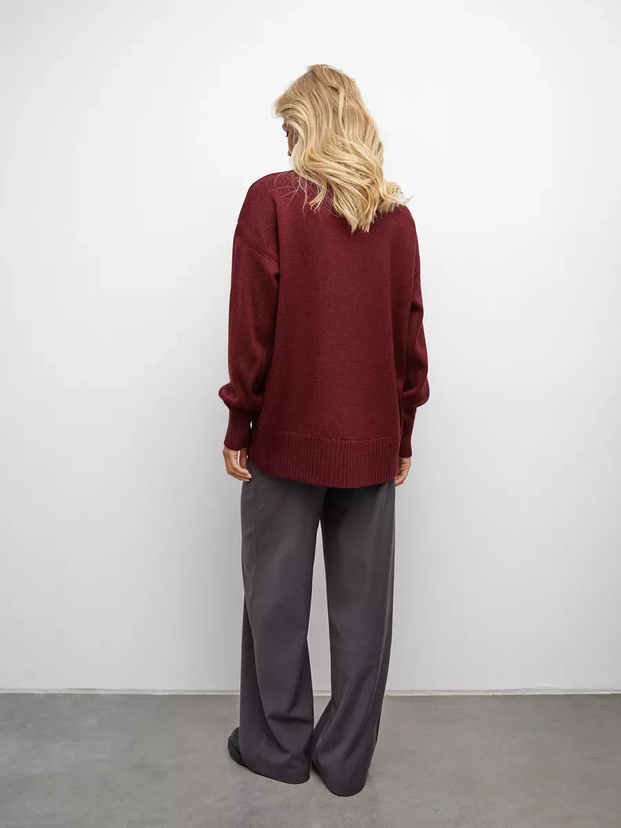 Aurelia Sweater by Lauven - Oversized burgundy wool knit high turtleneck sweater for women.