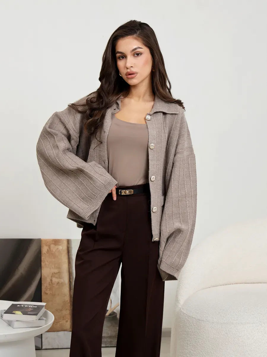 Mocha Cardigan by Lauven, elegant coffee-colored oversized knitwear with braided pattern, perfect for stylish spring layering.