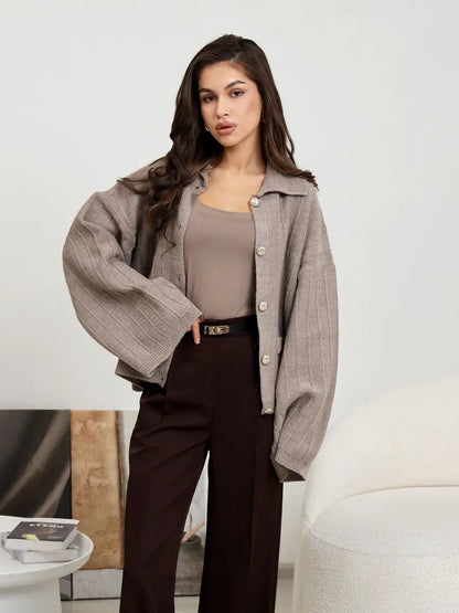 Mocha Cardigan by Lauven, elegant coffee-colored oversized knitwear with braided pattern, perfect for stylish spring layering.