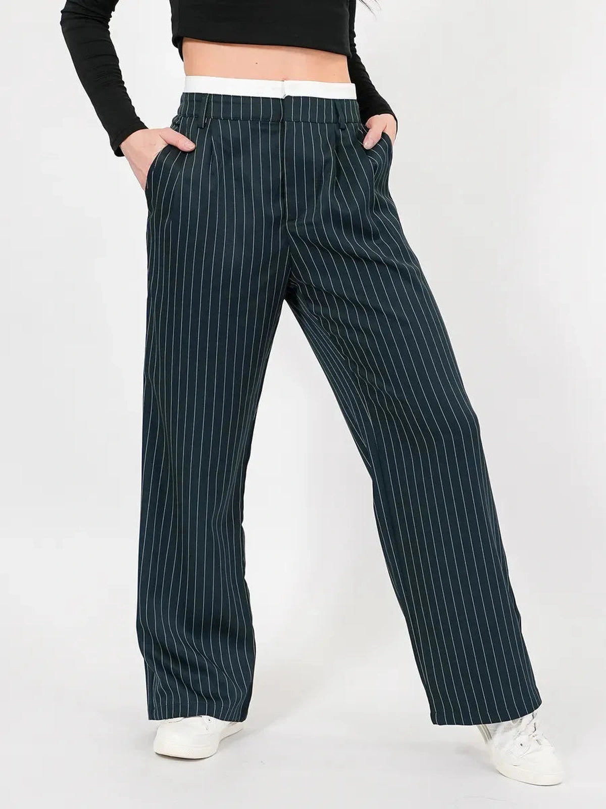 Siri Pants by Lauven - high-waist wide-leg trousers in deep green with pinstripe pattern, perfect for stylish comfort.