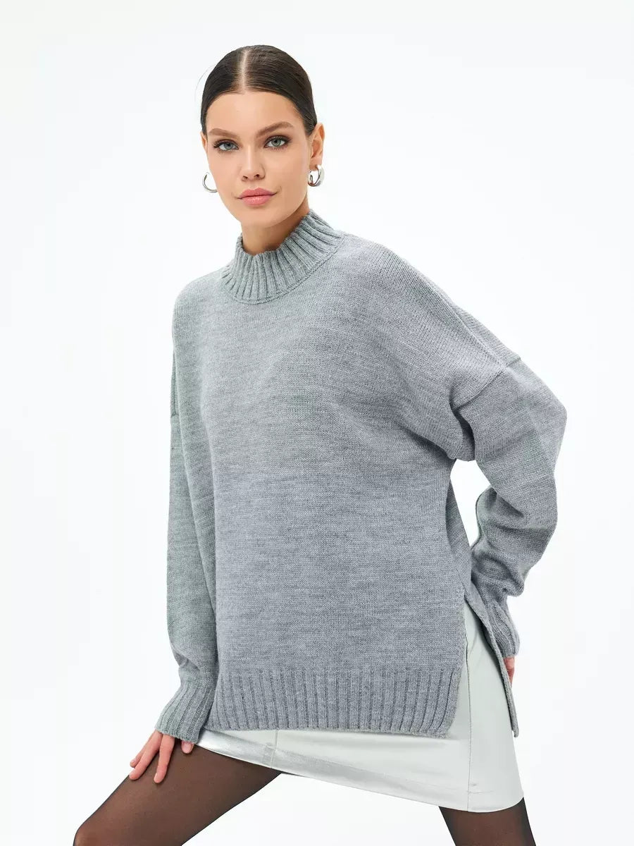 Luna Sweater by Lauven, oversized long knit with ribbed turtleneck in dark gray, perfect for layering.