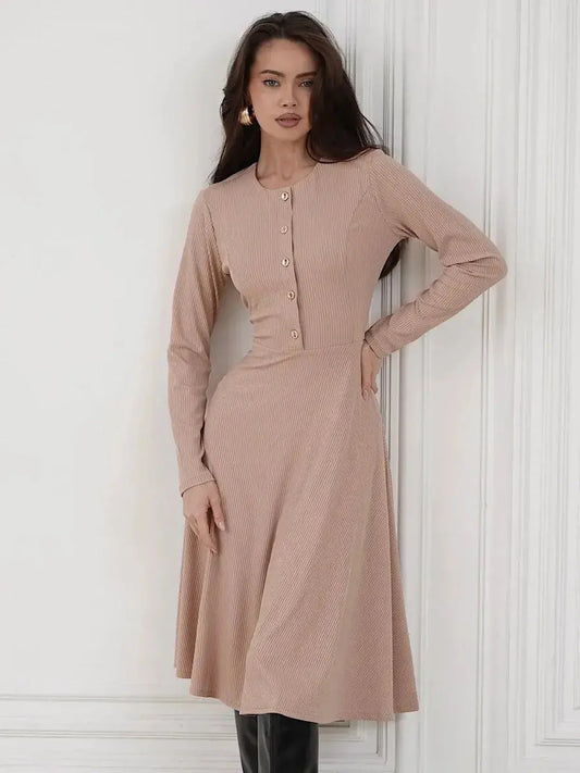 Sculpted Ease Midi Dress in ribbed knit, featuring a beige hue and gold-tone buttons, perfect for elegant everyday wear.