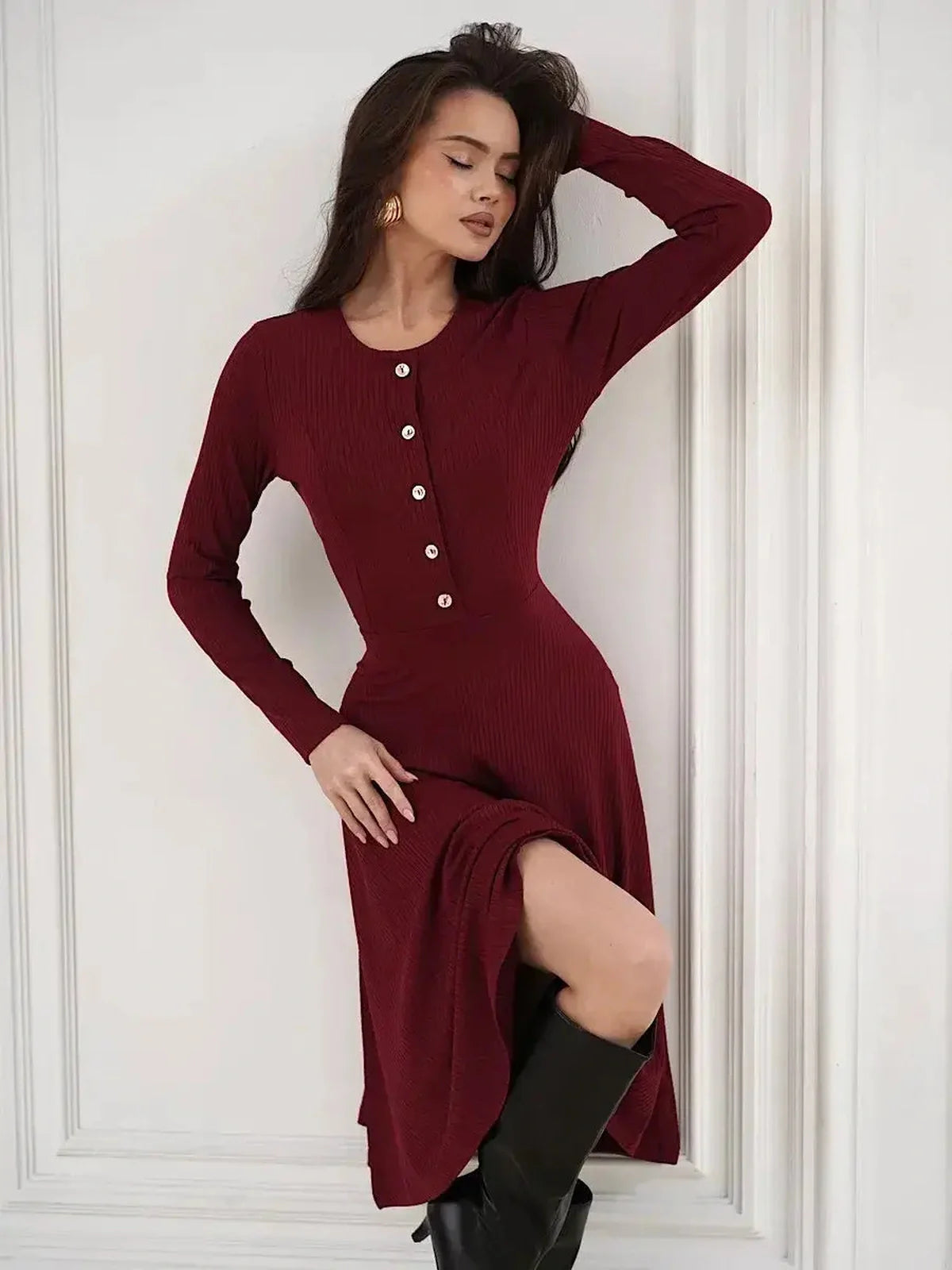 Crimson Grace Midi Dress in burgundy with long sleeves, ribbed texture, and gold button details.